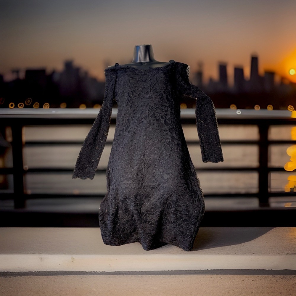 Black Cocktail Dress Blu Sage‎ Lace Cold Shoulder Slip Womens 10